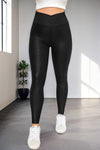 Black Crossed Dip Waist Sleek Leather Leggings