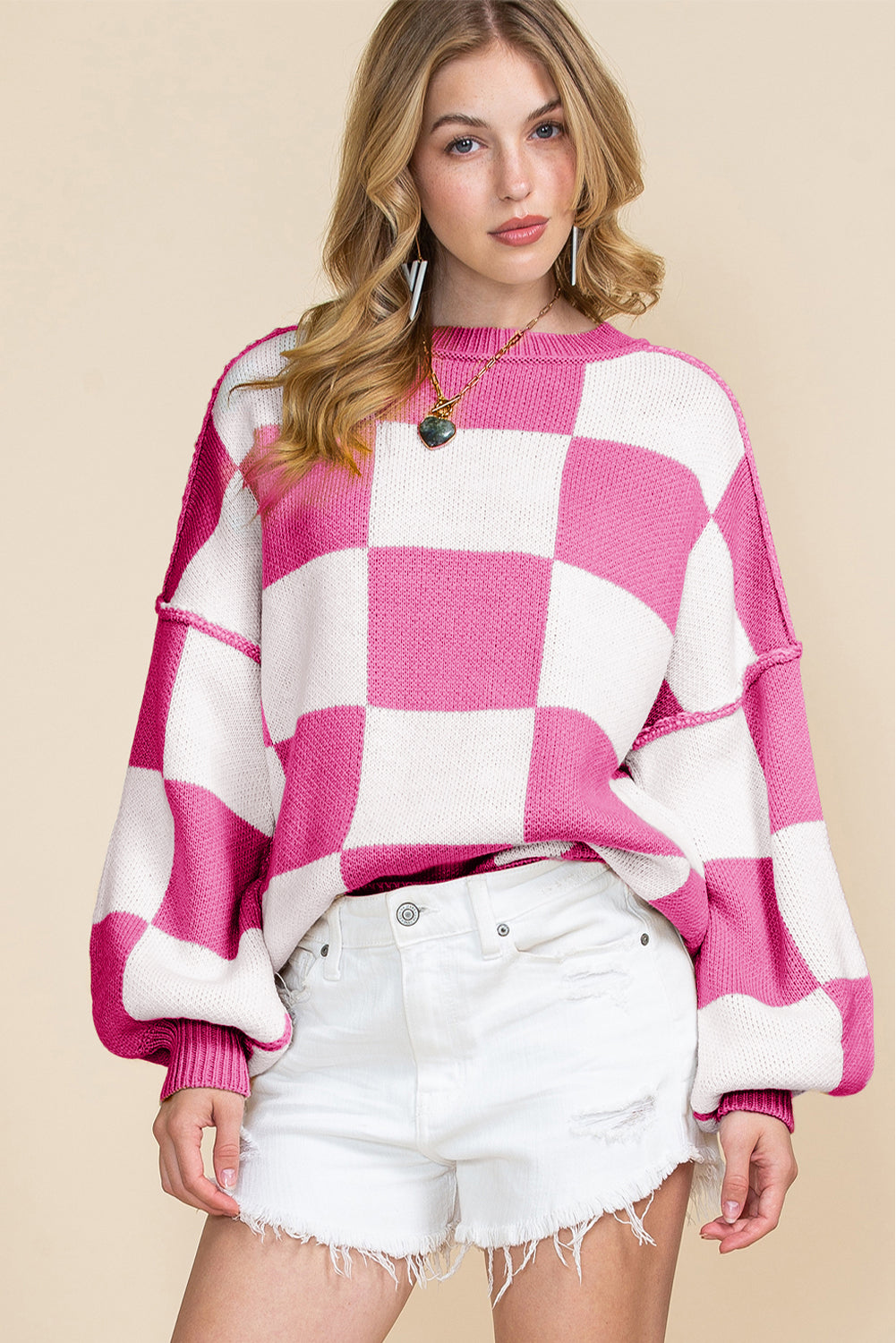 Pink Checked Bishop Sleeve Pullover Sweater