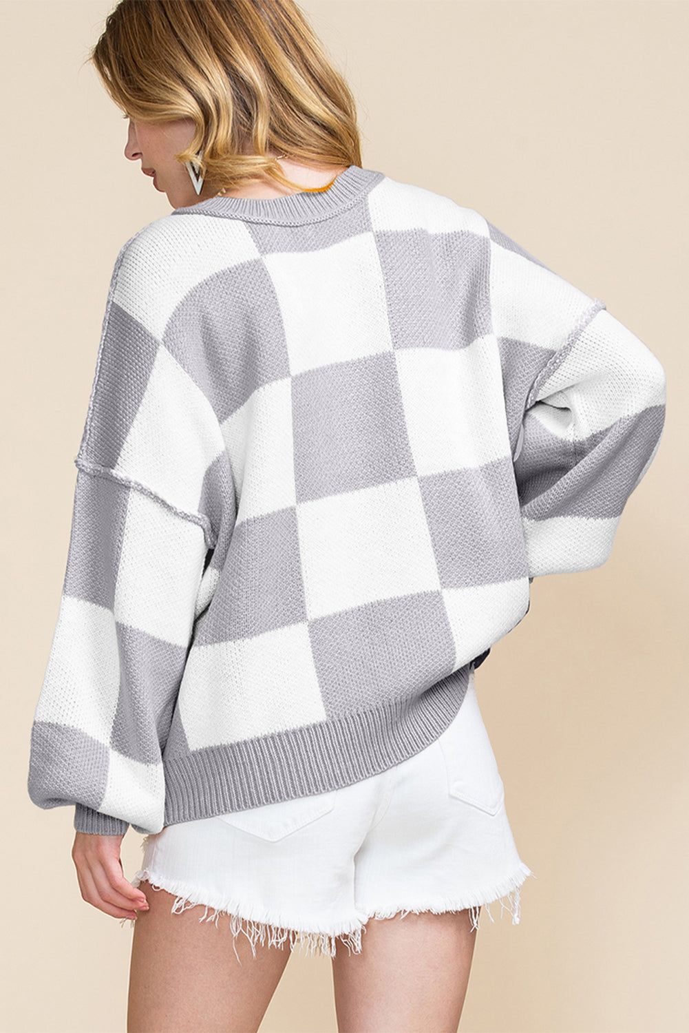 Pink Checked Bishop Sleeve Pullover Sweater