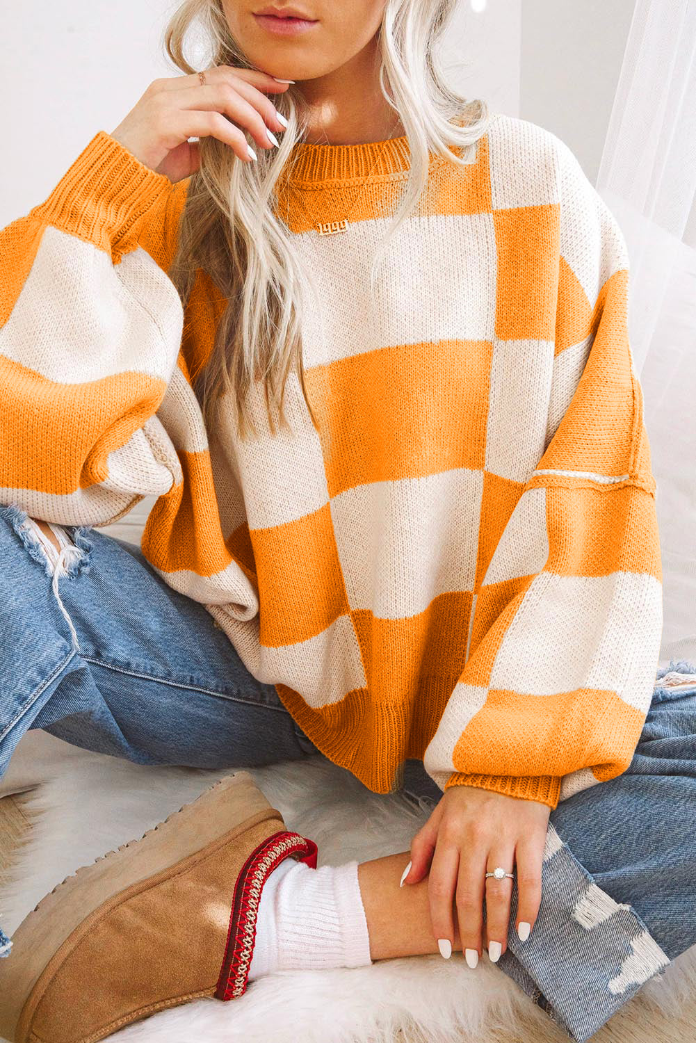 Pink Checked Bishop Sleeve Pullover Sweater