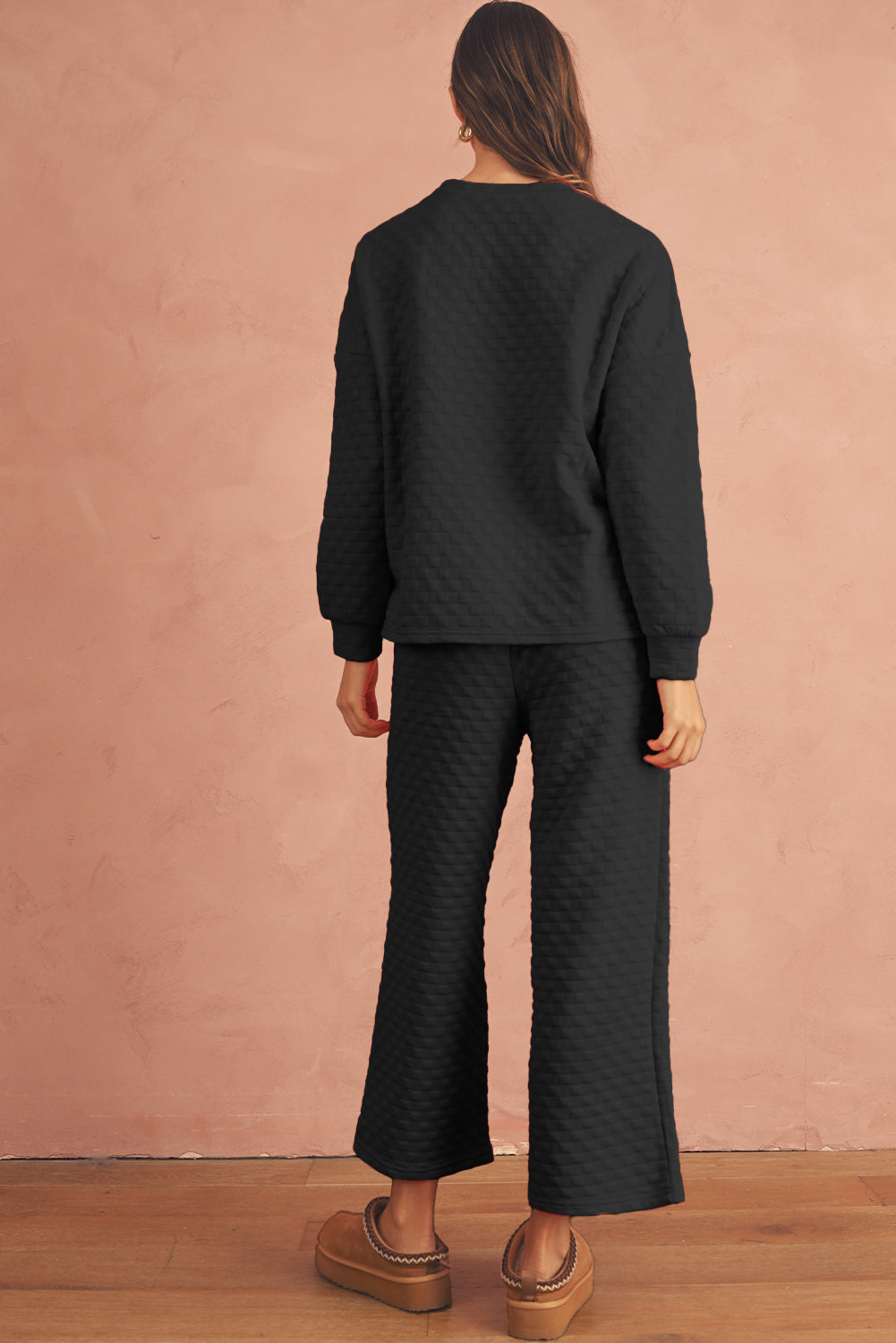 Black Checkered Textured Split Pullover Top and Pants Set