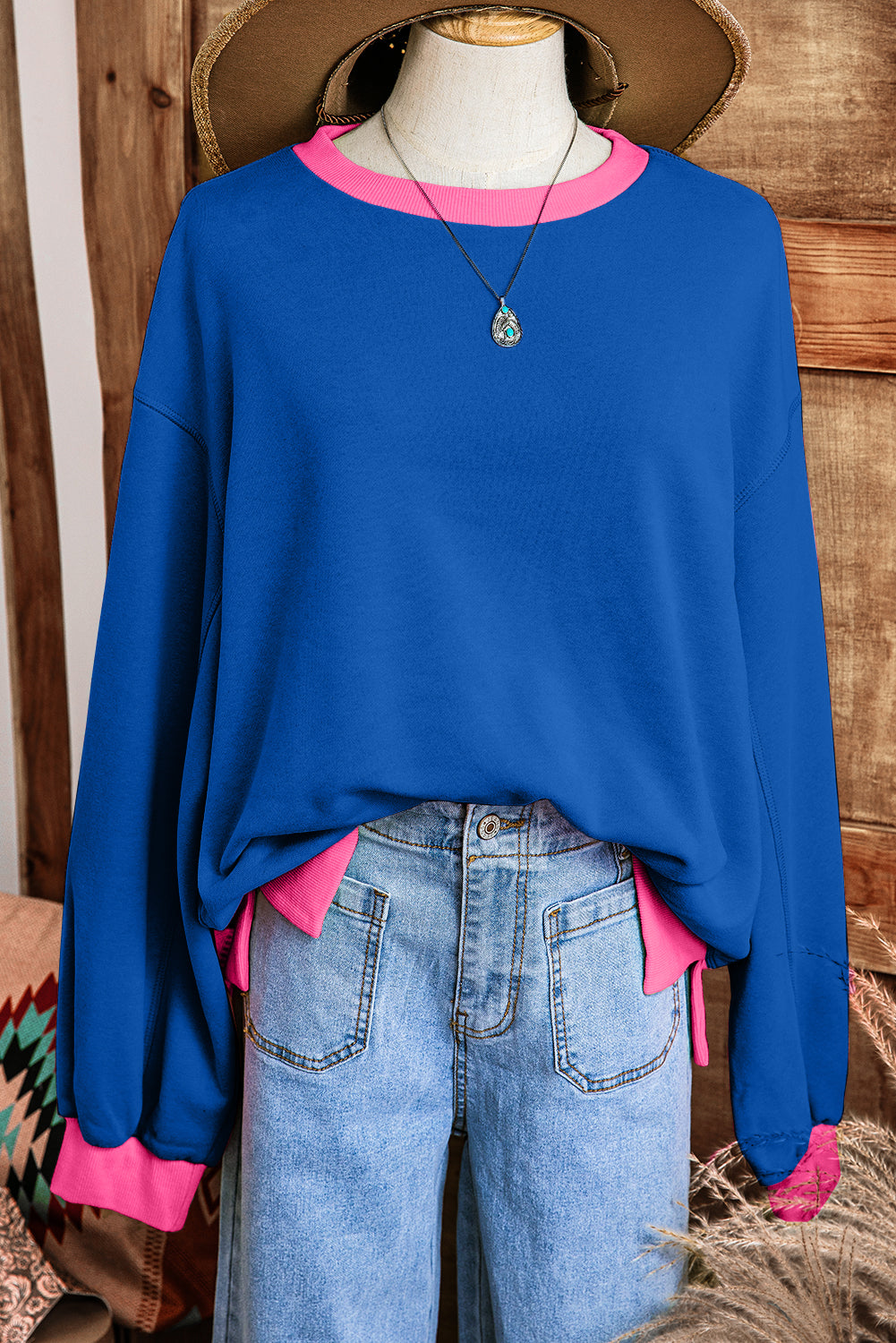 Blue Contrast Trim Bubble Sleeve Sweatshirt