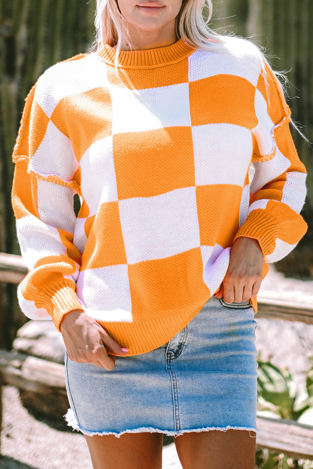 Pink Checked Bishop Sleeve Pullover Sweater