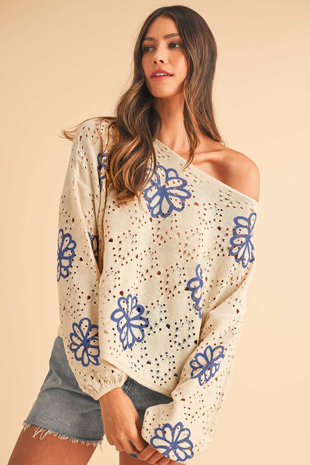 Beige Flower Print Drop Shoulder Hollow Knit Sweater