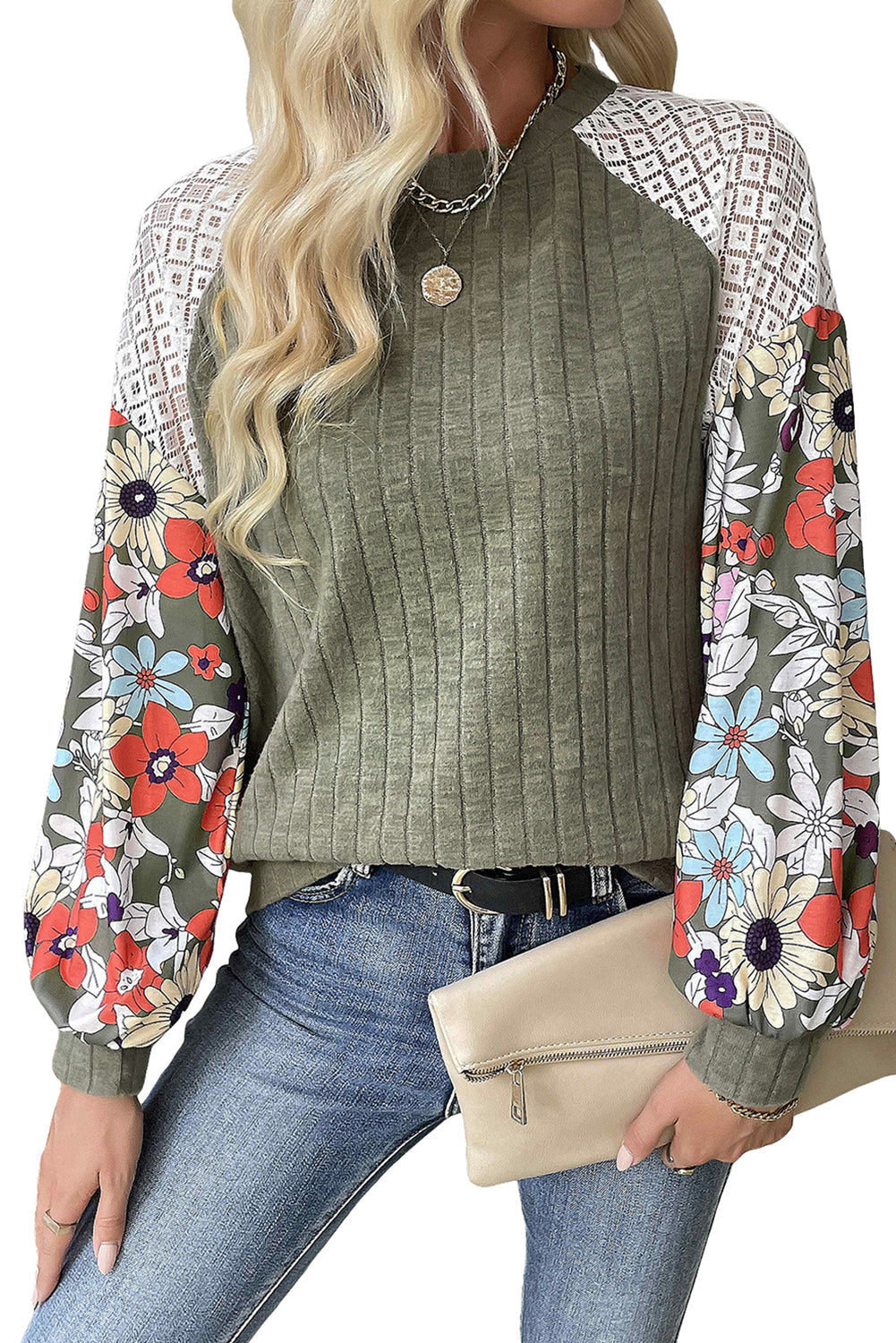 Laurel Green Floral Patchwork Raglan Sleeve Ribbed Blouse