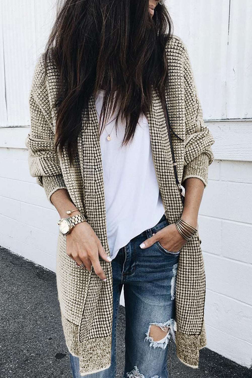 Apricot Plaid Casual Open Front Long Knit Cardigan