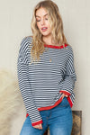 Striped Print Trim Drop Sleeve Knit Pullover Sweater