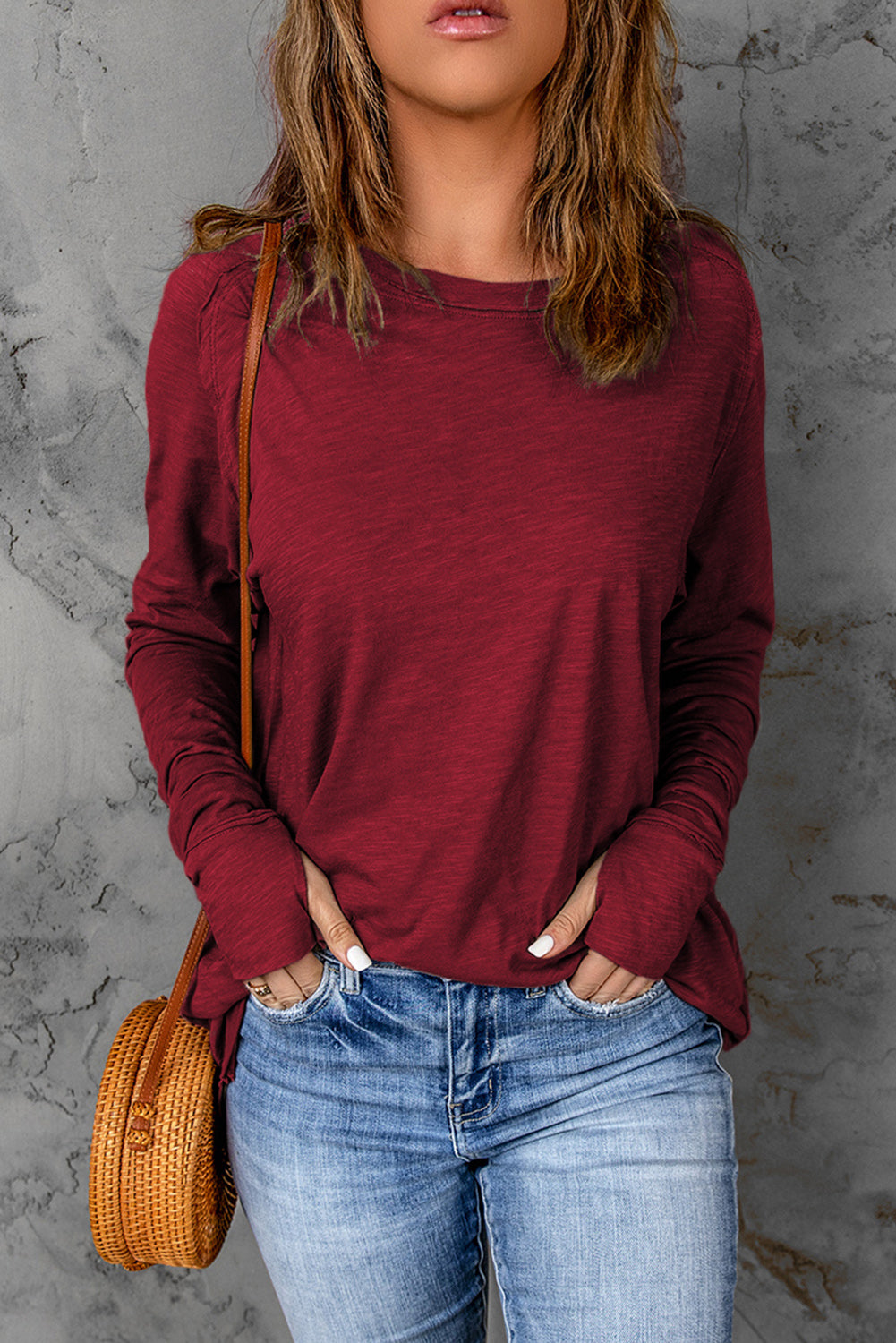 Dark Red Plain Thumbhole Long Sleeve Top