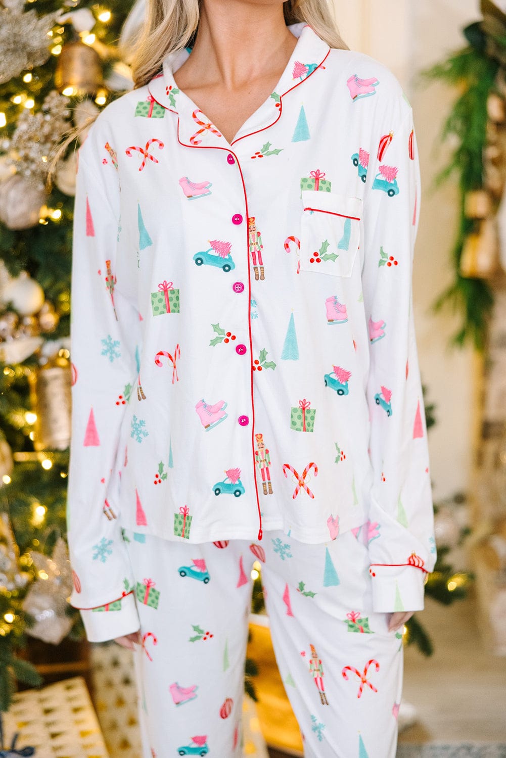 White Christmas Print Lapel Shirt and Pants Pajama Set