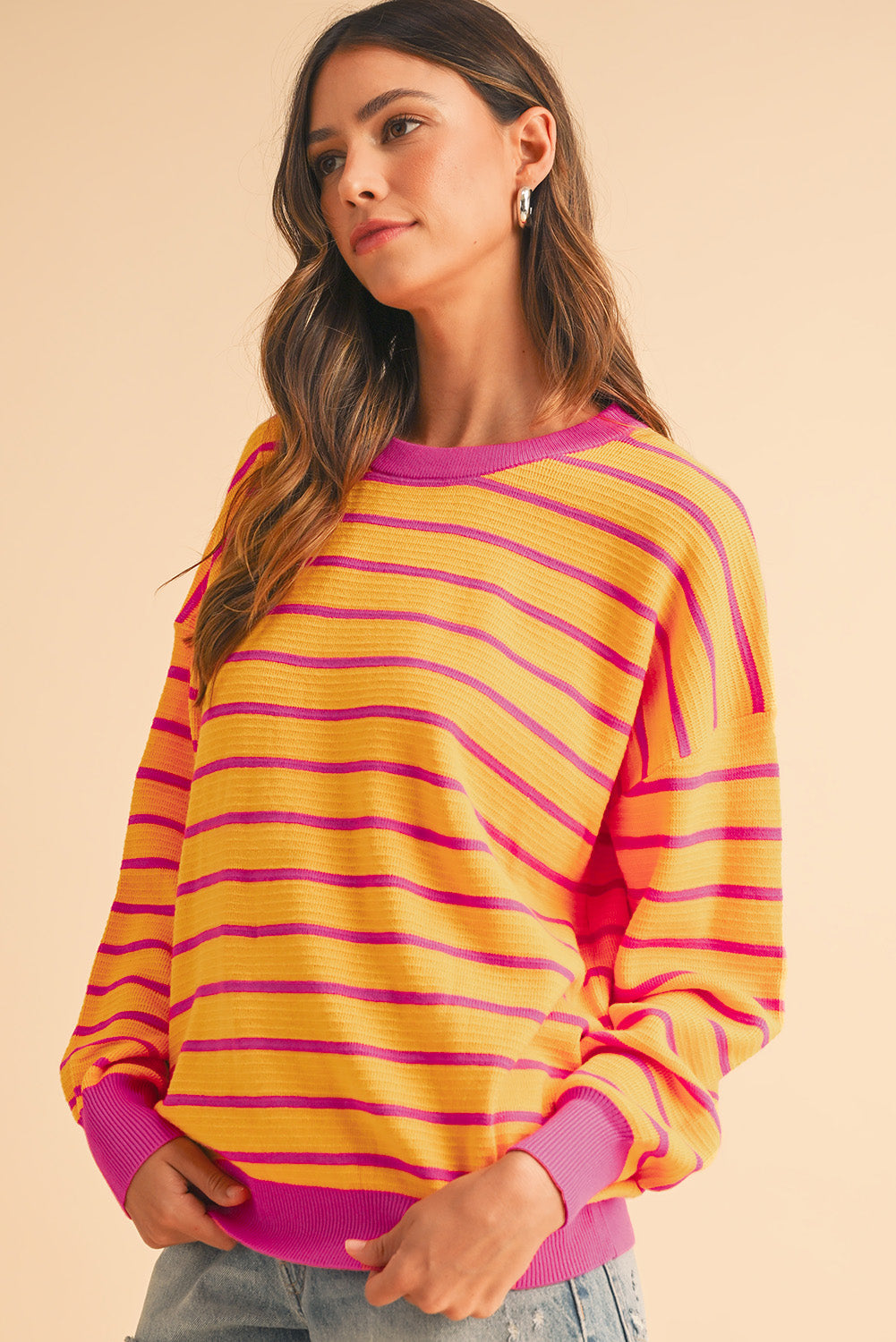 Orange Stripe Round Neck Drop Shoulder Loose Sweater