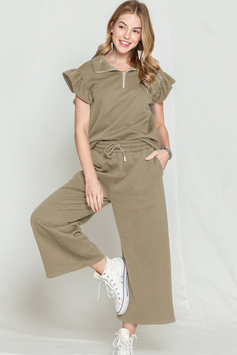 Khaki Textured Ruffle Cap Sleeve Top and Wide Leg Pants Set