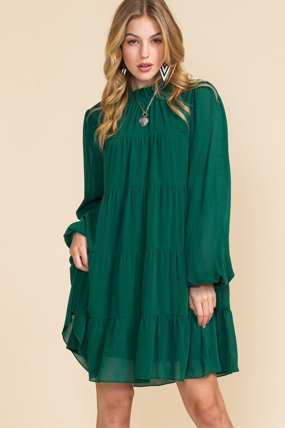 Green Mock Neck Solid Color Pleated Mini Dress