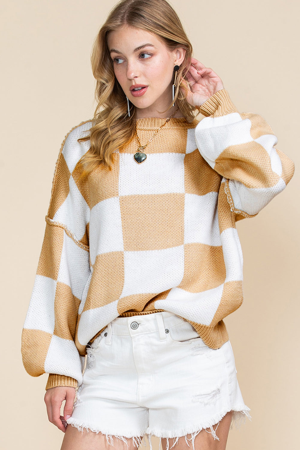 Pink Checked Bishop Sleeve Pullover Sweater