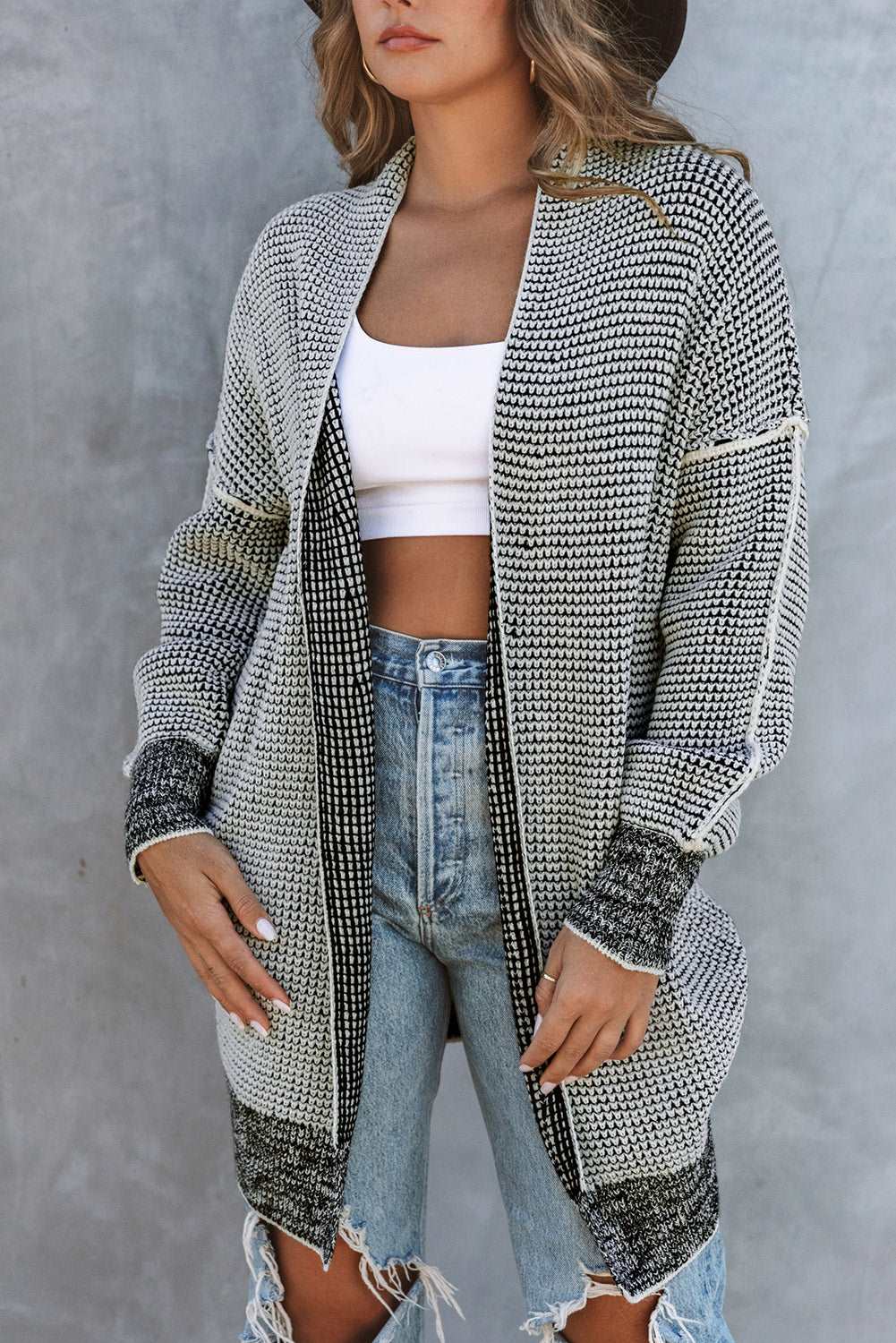 Apricot Plaid Casual Open Front Long Knit Cardigan