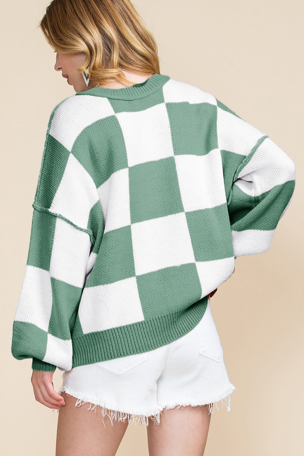 Pink Checked Bishop Sleeve Pullover Sweater