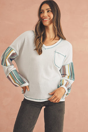 White Striped Patchwork Exposed Seam Waffle Knit Top