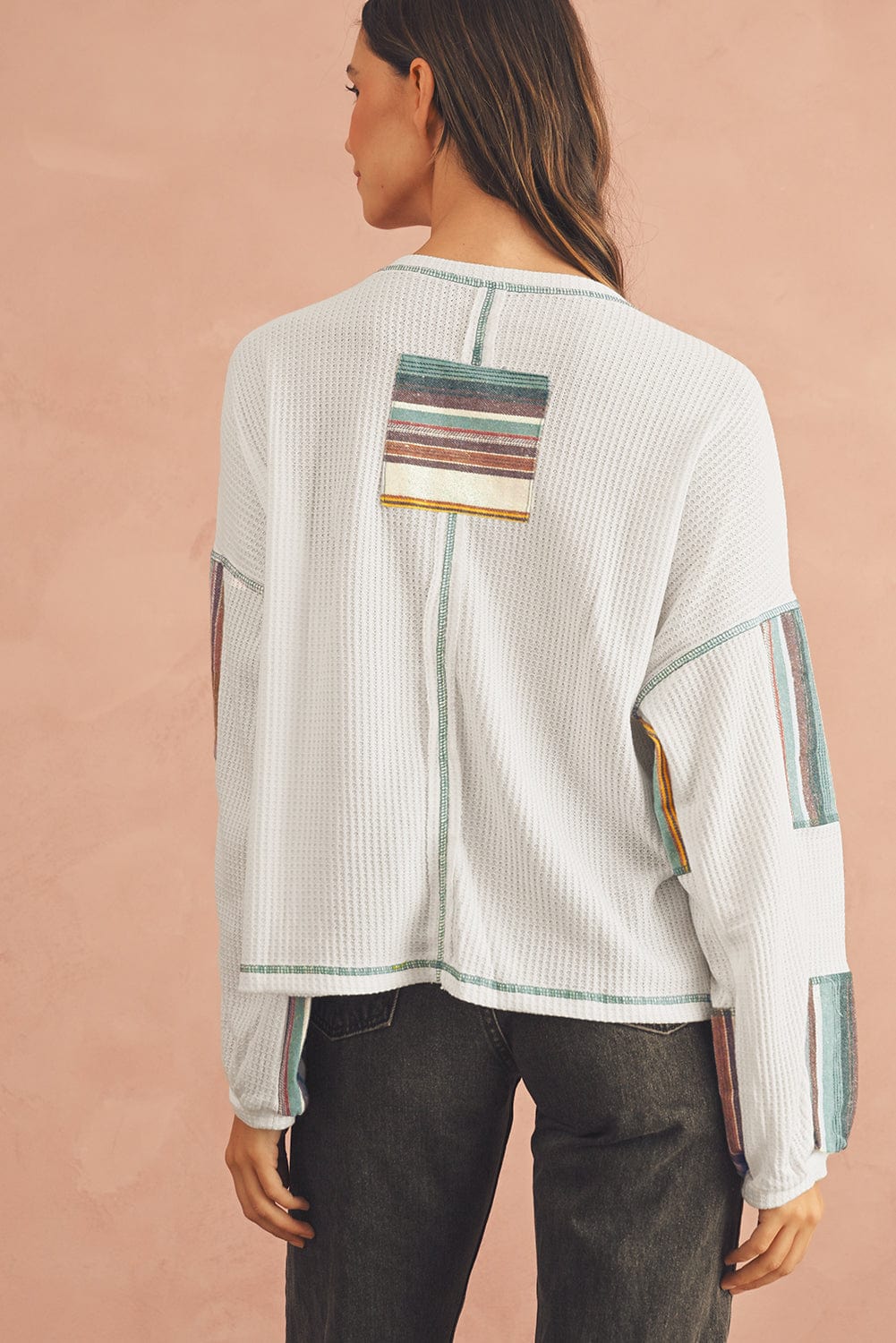 White Striped Patchwork Exposed Seam Waffle Knit Top