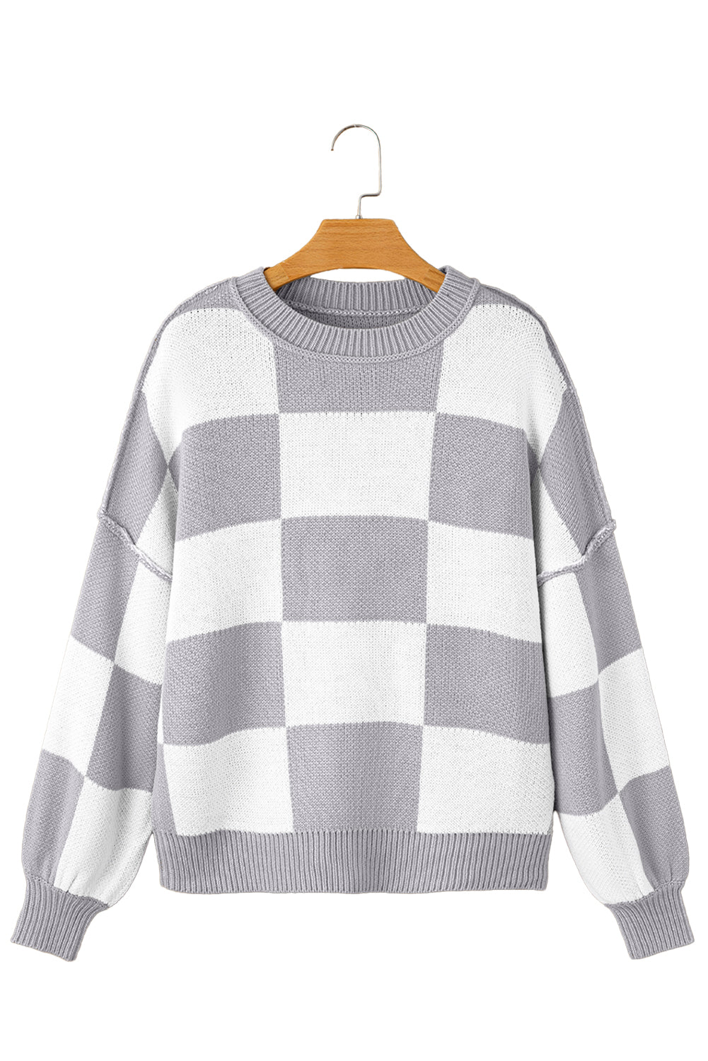 Pink Checked Bishop Sleeve Pullover Sweater