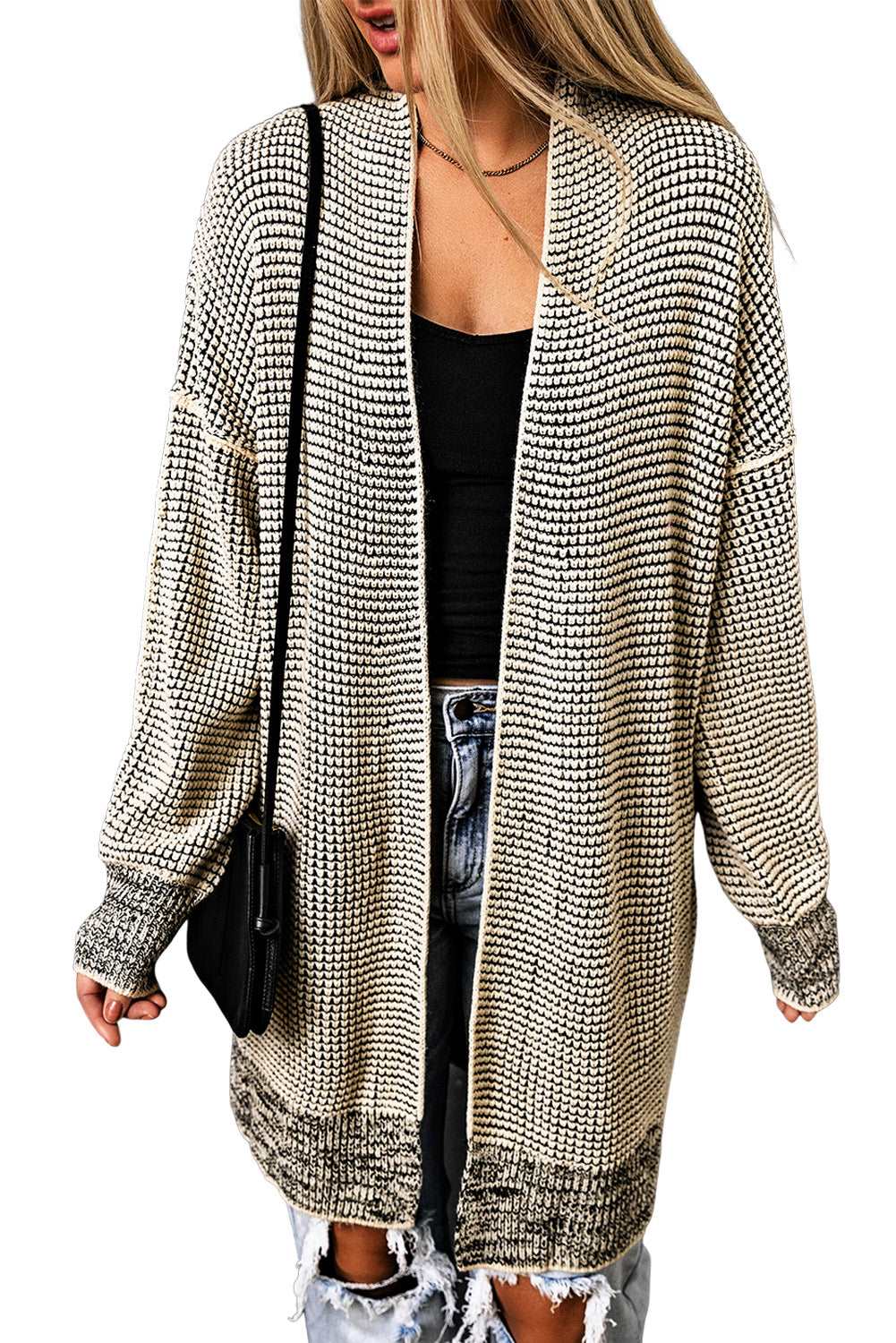 Apricot Plaid Casual Open Front Long Knit Cardigan