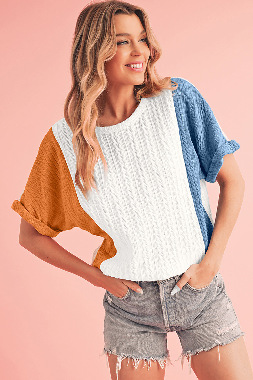 Light Blue Color Block Textured Loose Fit T Shirt