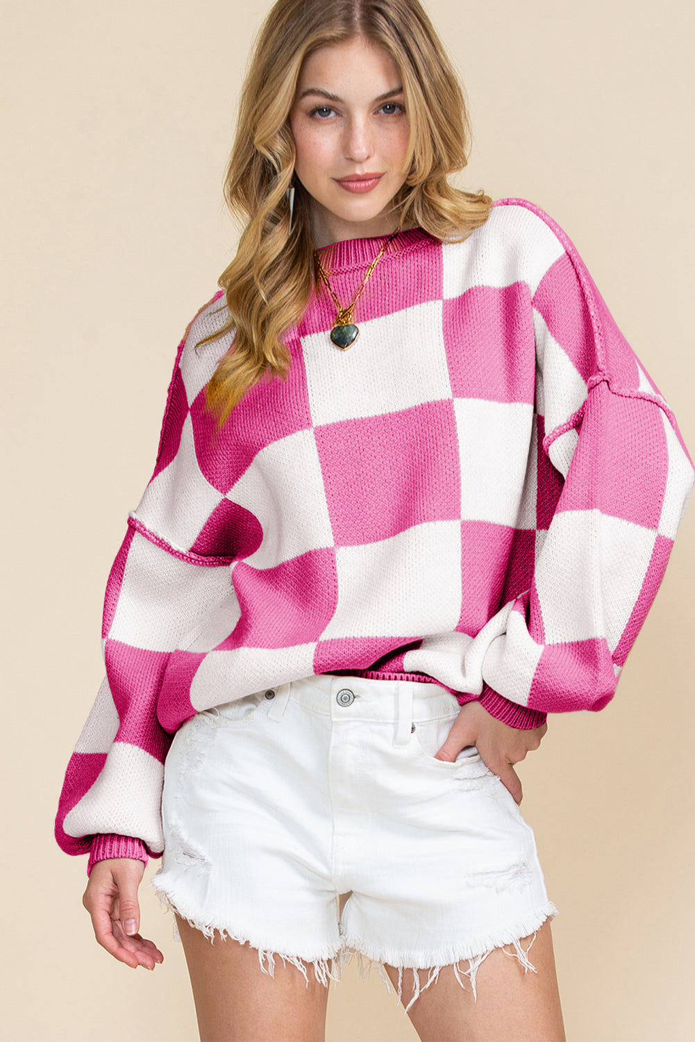 Pink Checked Bishop Sleeve Pullover Sweater