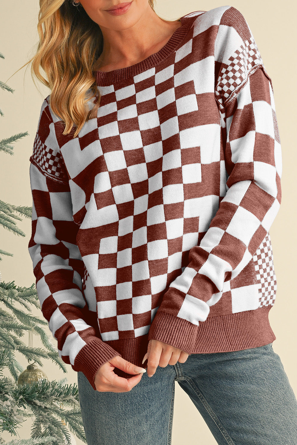 Khaki Checkered Drop Shoulder Round Neck Sweater