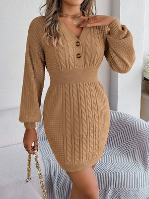 Buttoned Cable-Knit V-Neck Sweater Dress