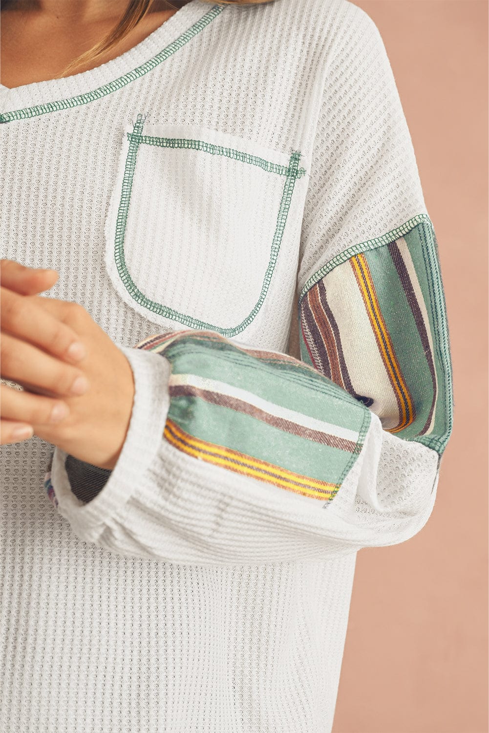 White Striped Patchwork Exposed Seam Waffle Knit Top