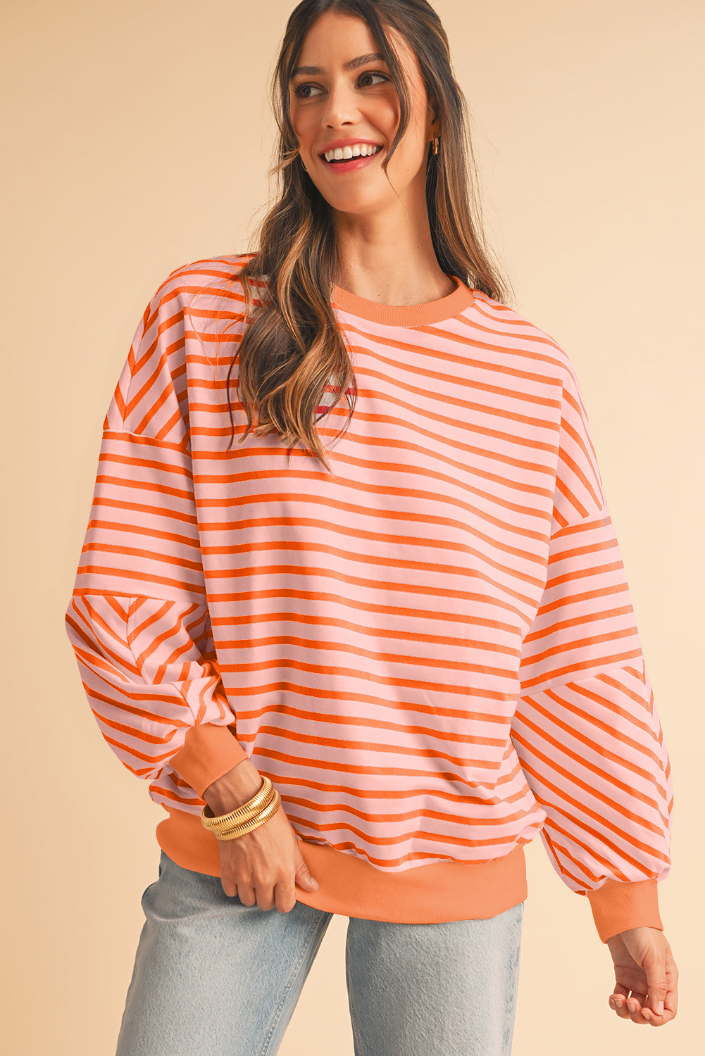 Orange Stripe Drop Shoulder Crew Neck Loose Sweatshirt