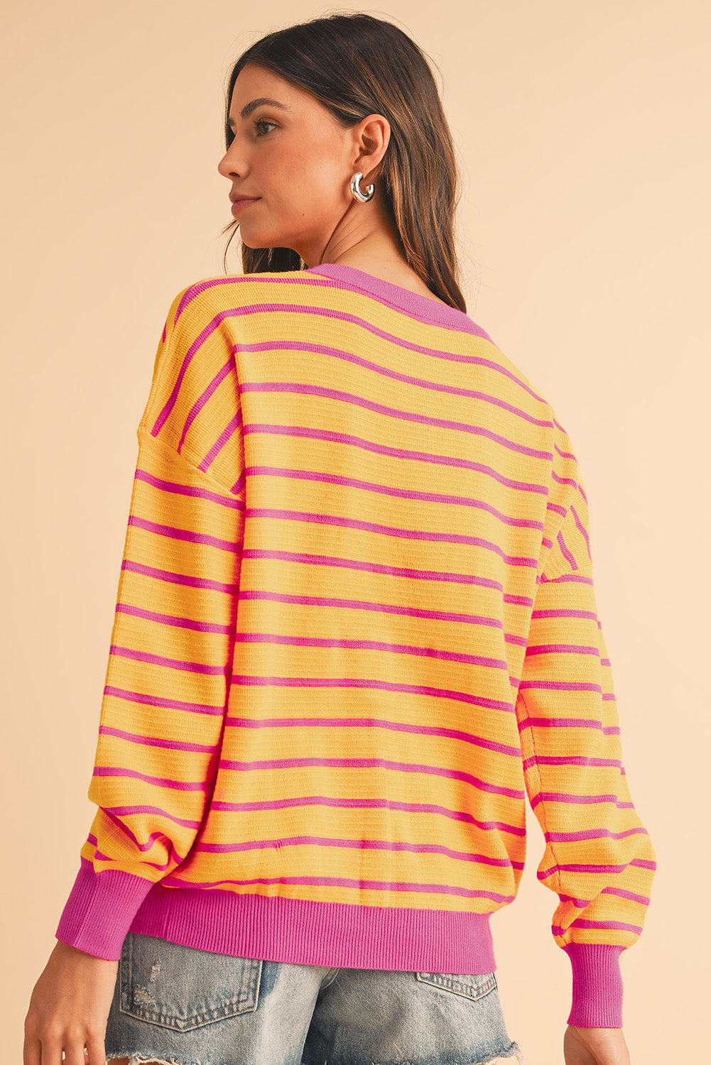 Orange Stripe Round Neck Drop Shoulder Loose Sweater