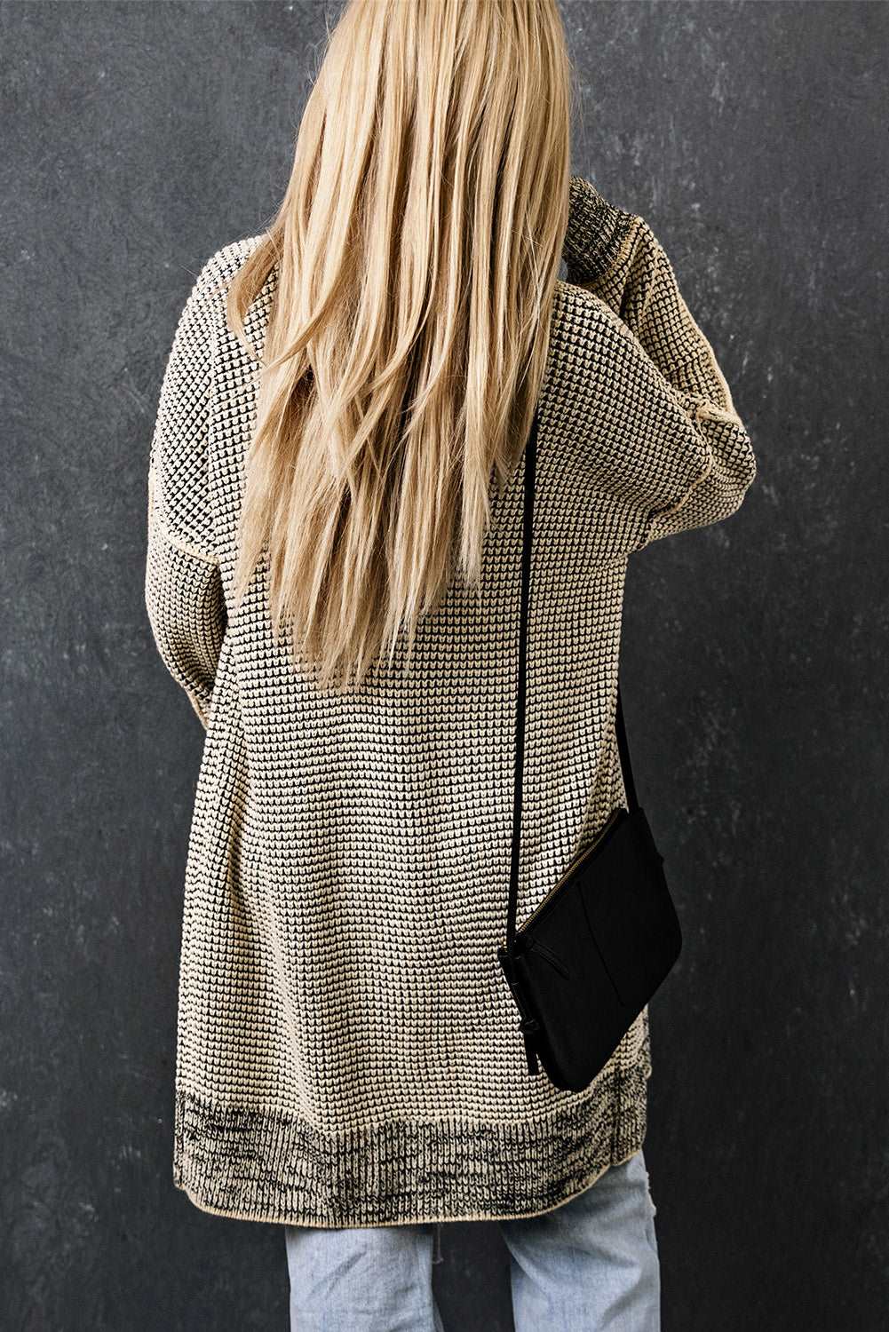 Apricot Plaid Casual Open Front Long Knit Cardigan