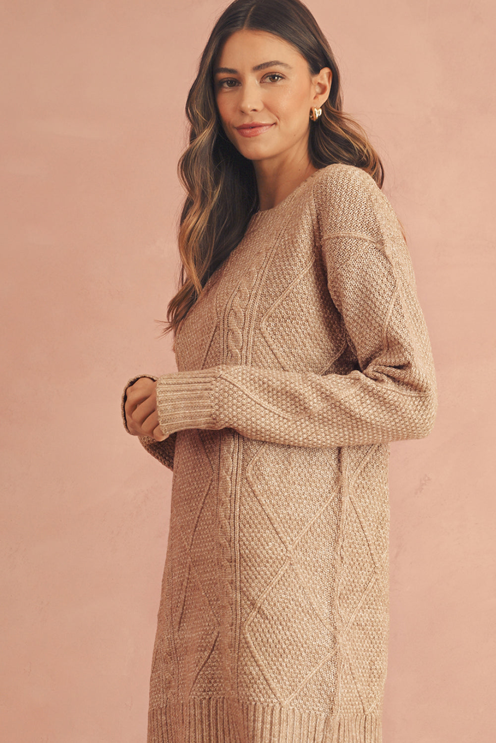 Coffee Twist Cable Knit Drop Shoulder Loose Fit Sweater Dress