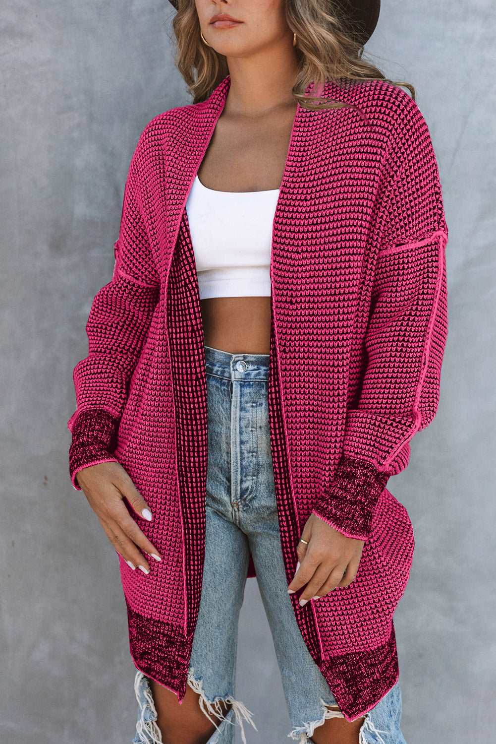 Apricot Plaid Casual Open Front Long Knit Cardigan