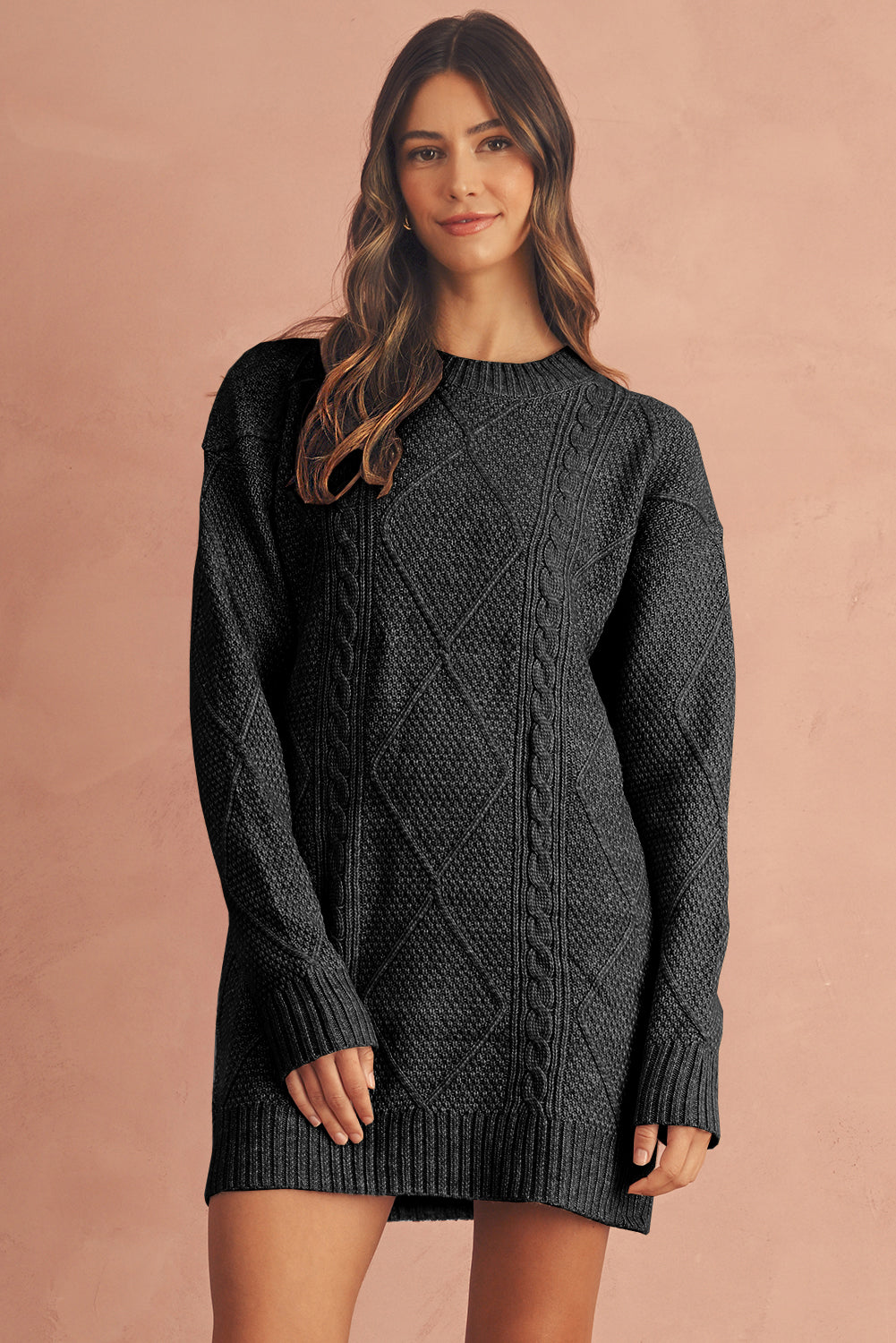 Coffee Twist Cable Knit Drop Shoulder Loose Fit Sweater Dress