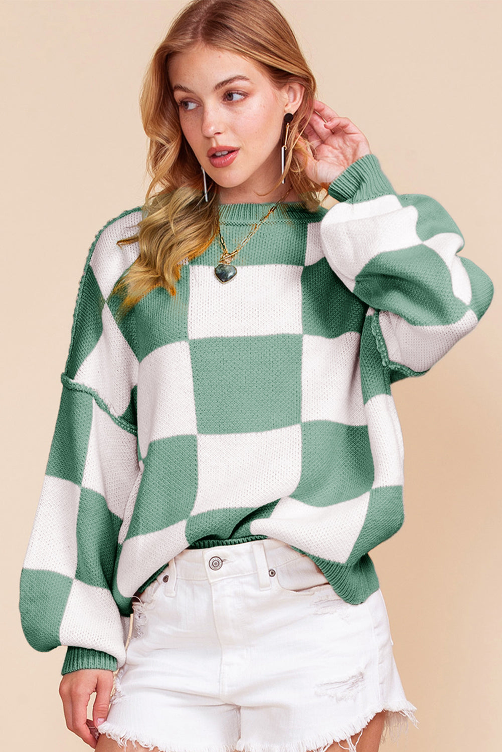 Pink Checked Bishop Sleeve Pullover Sweater