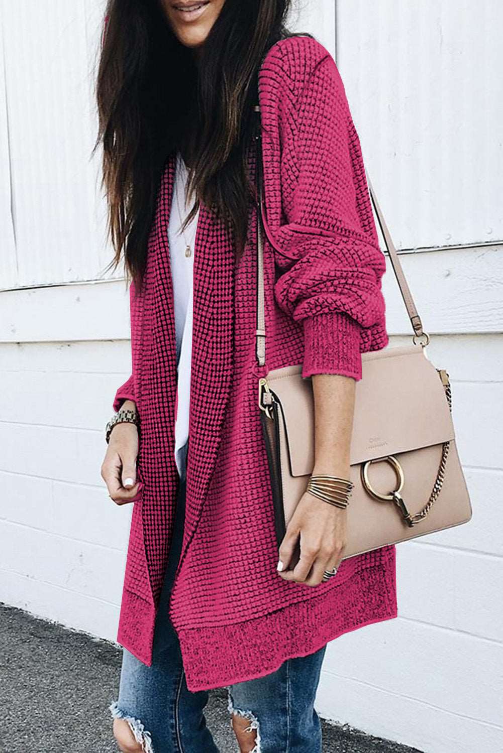 Apricot Plaid Casual Open Front Long Knit Cardigan