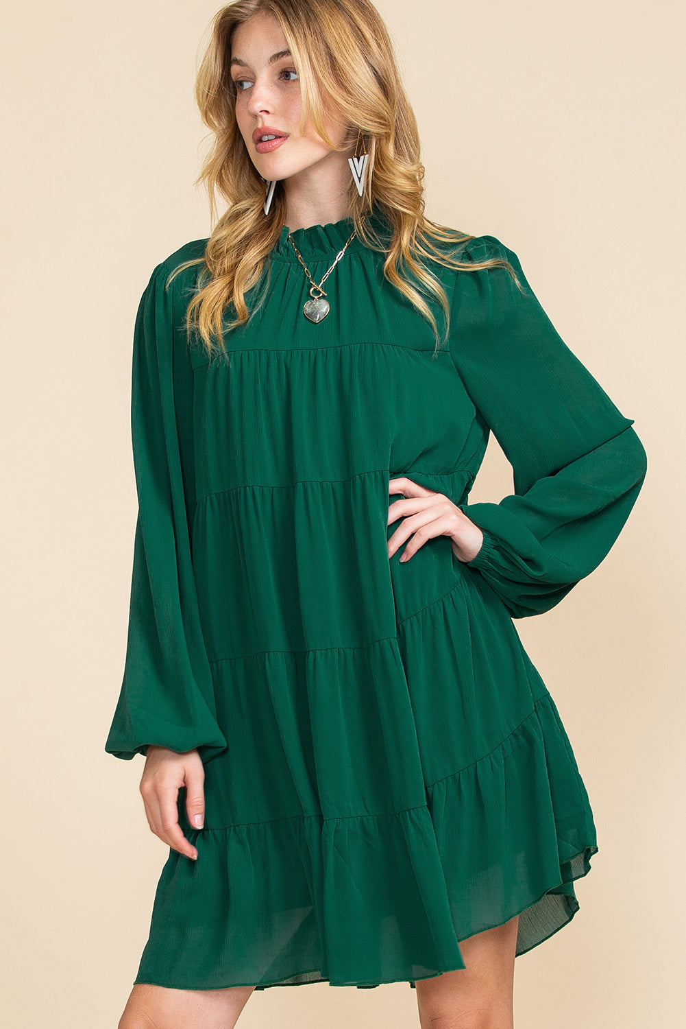 Green Mock Neck Solid Color Pleated Mini Dress