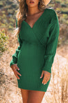 Cable-Knit Surplice Lantern Sleeve Sweater Dress