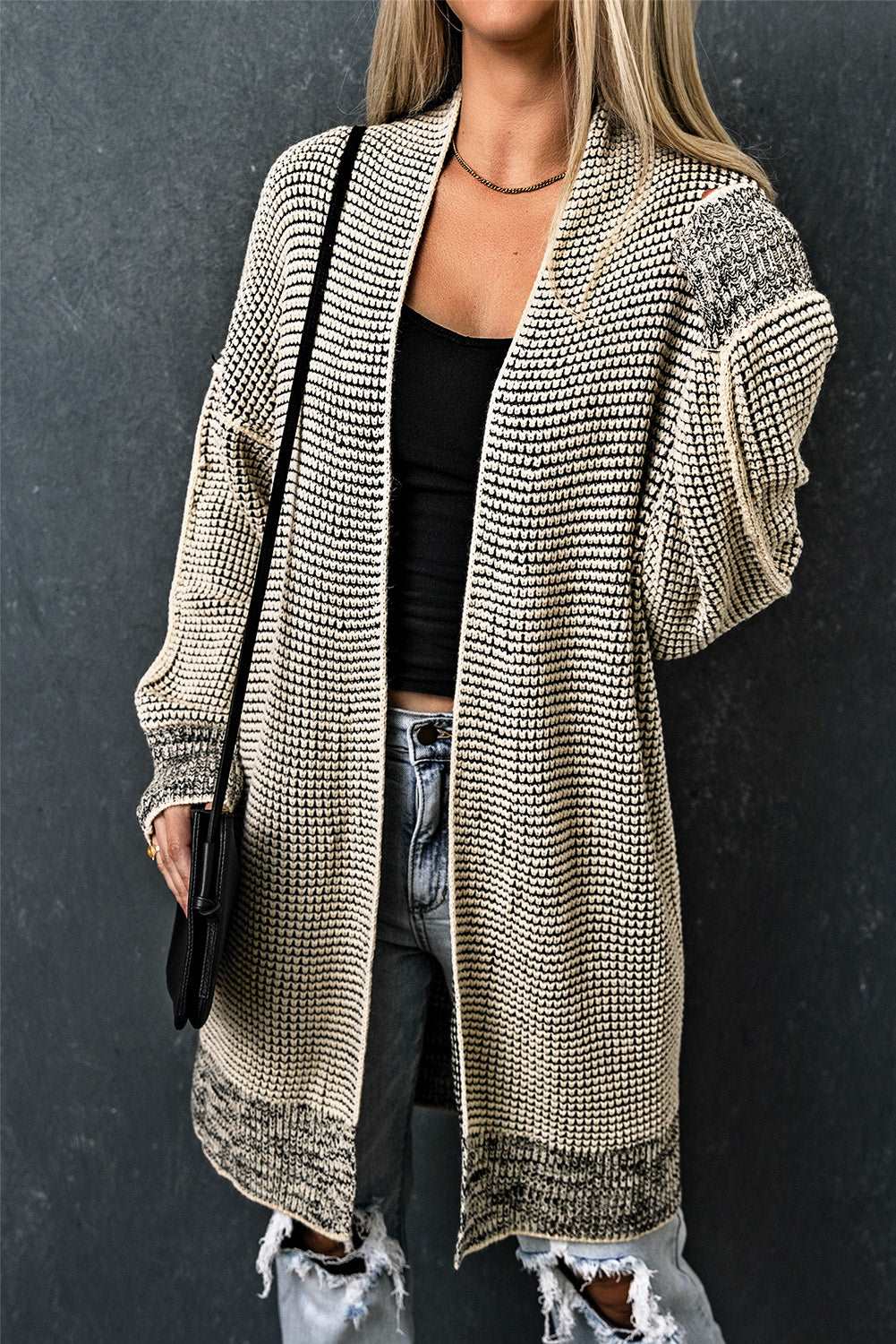 Apricot Plaid Casual Open Front Long Knit Cardigan