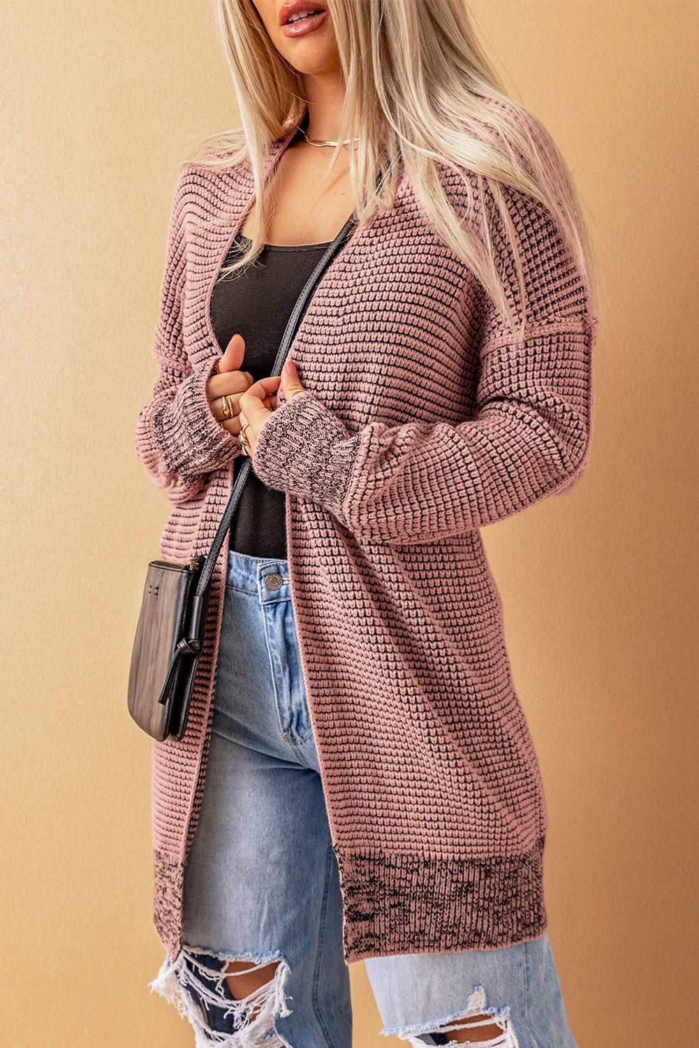 Apricot Plaid Casual Open Front Long Knit Cardigan