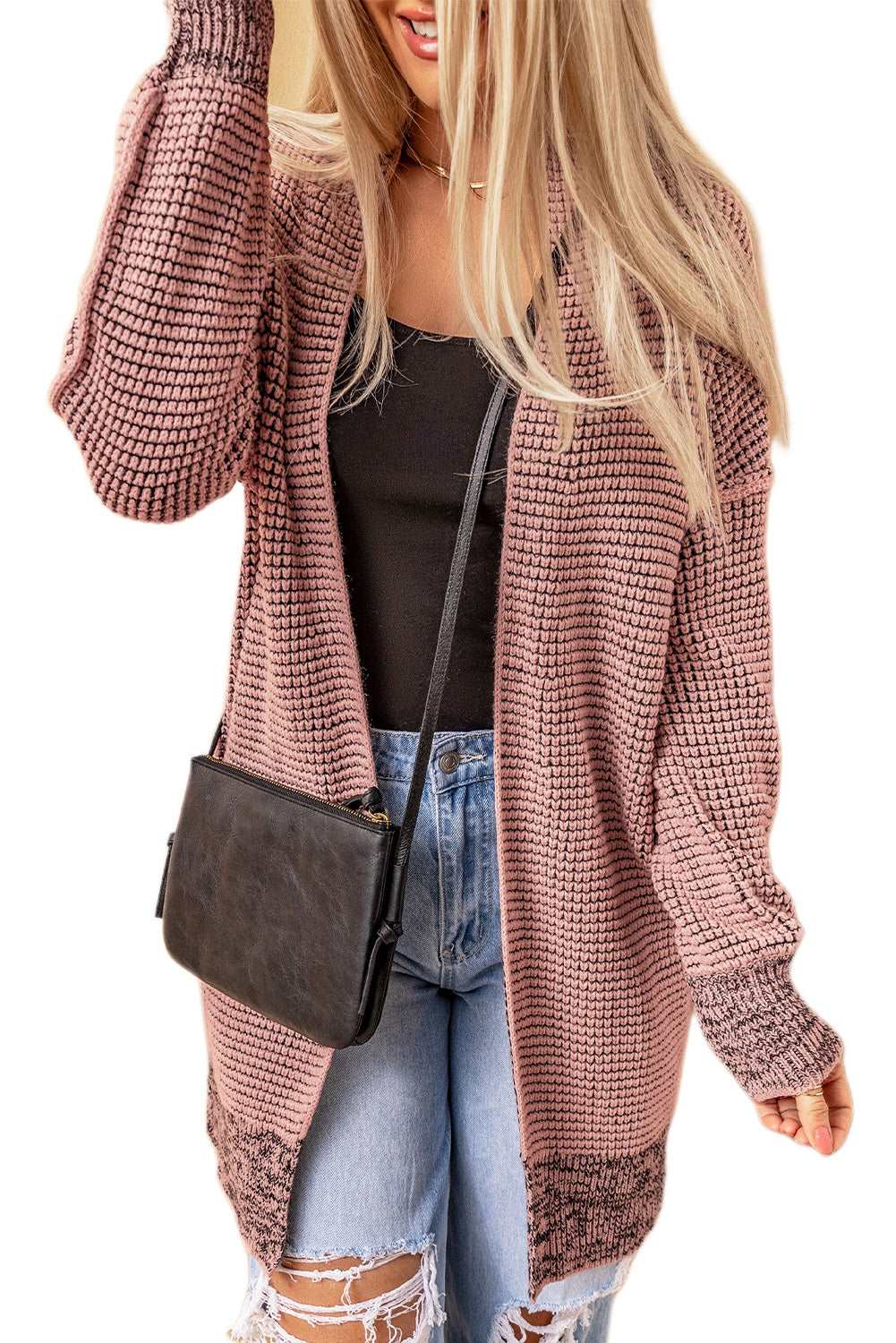 Apricot Plaid Casual Open Front Long Knit Cardigan