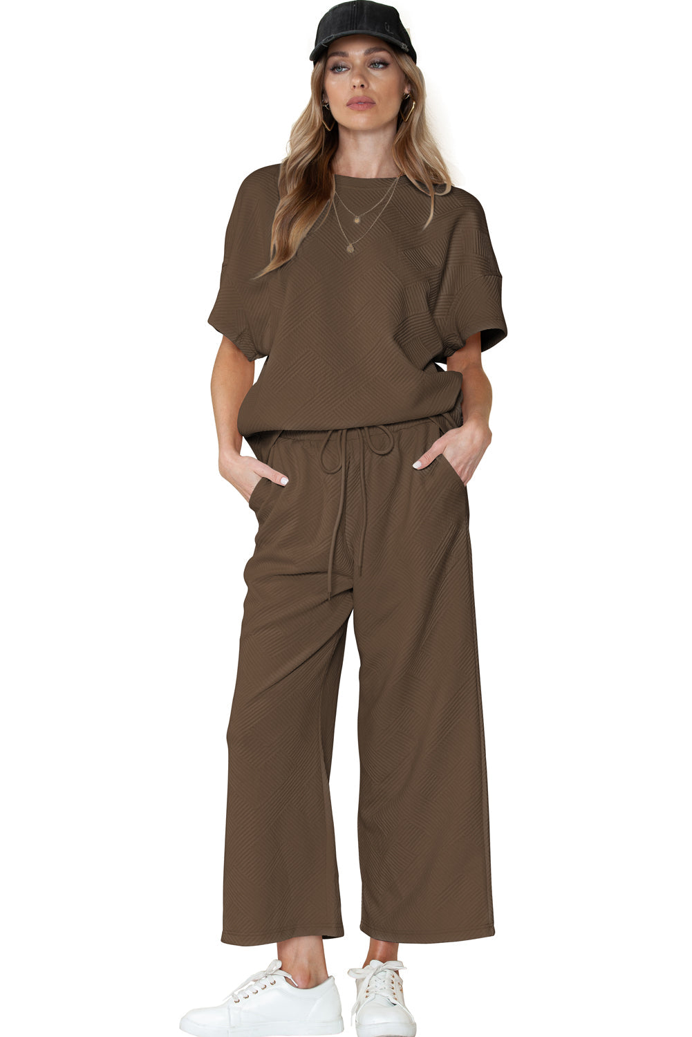 Brown Textured Loose Fit T Shirt and Drawstring Pants Set