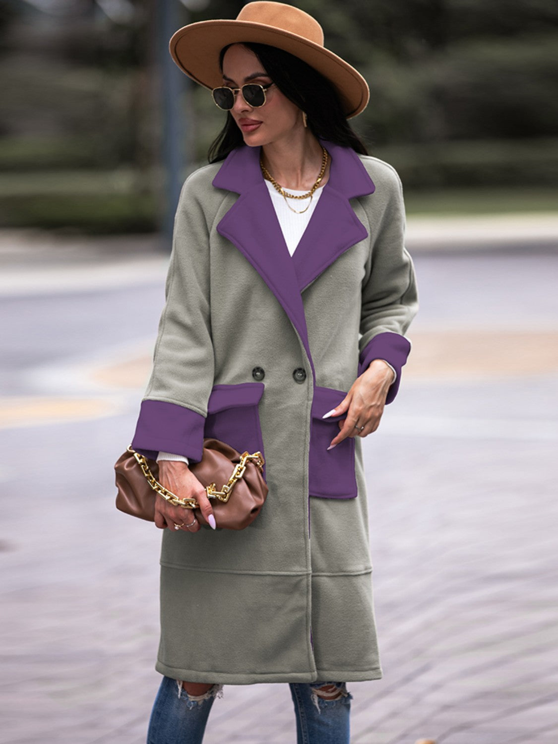 Shiny Contrast Lapel Collar Coat with Pockets