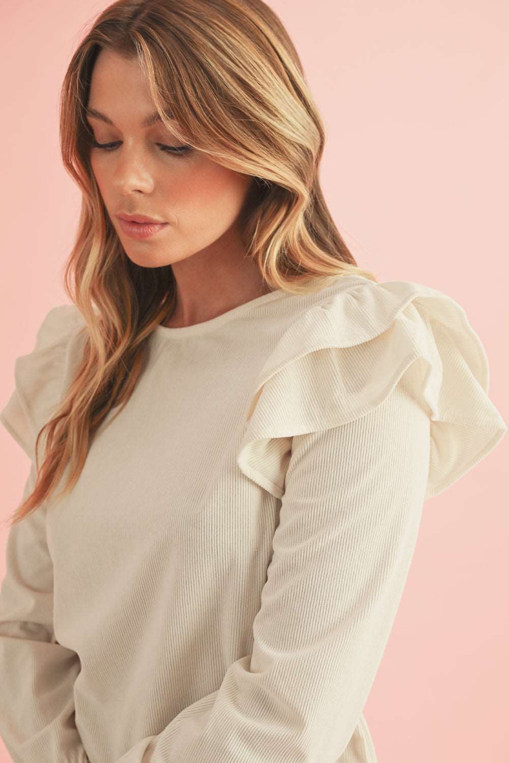 Beige Corduroy Round Neck Ruffled Flounce Sleeve Blouse