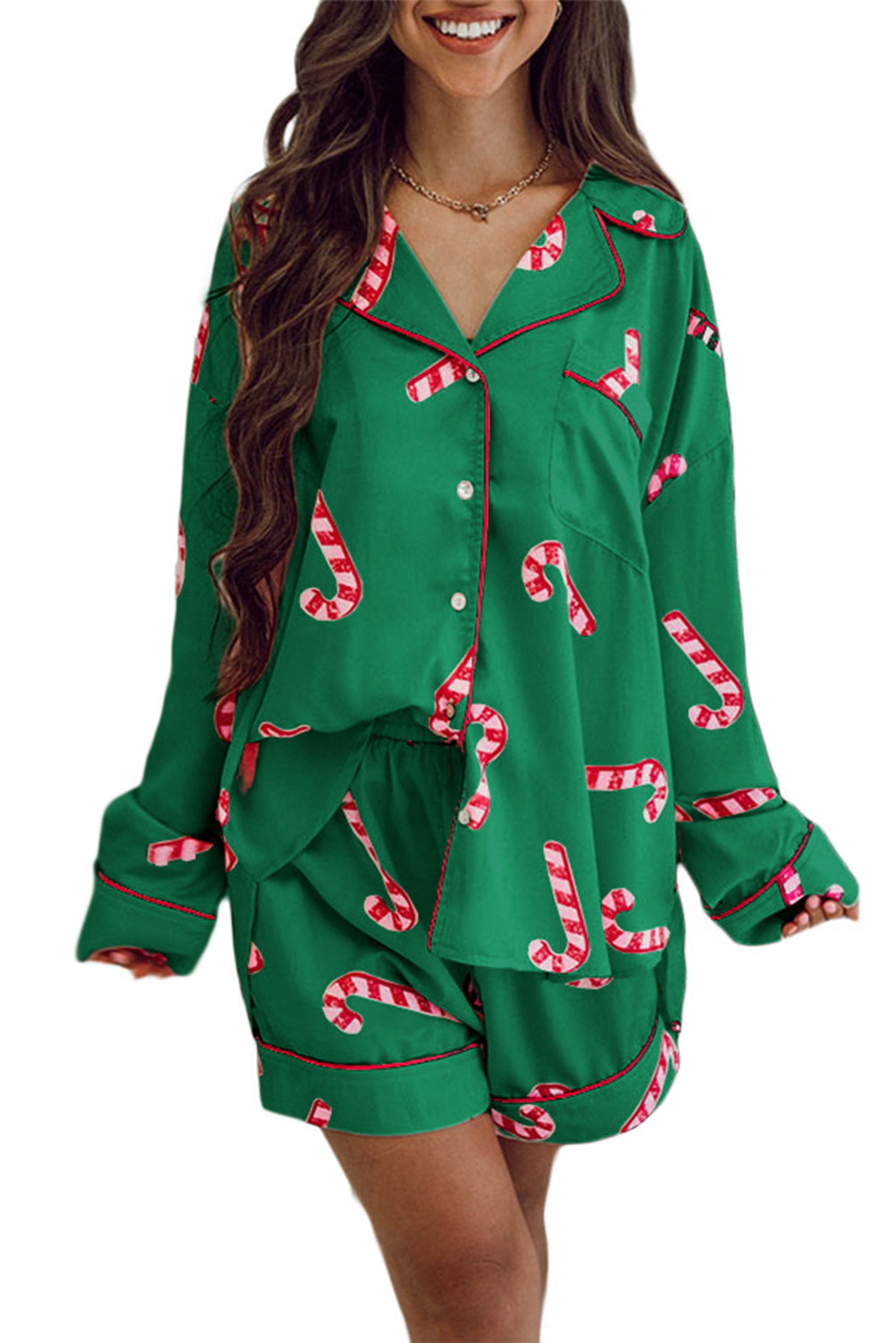 Pink Candy Cane Print Christmas Pajama Set