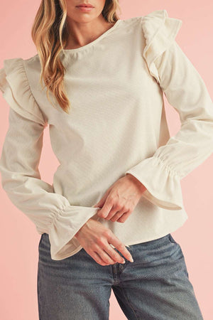 Beige Corduroy Round Neck Ruffled Flounce Sleeve Blouse