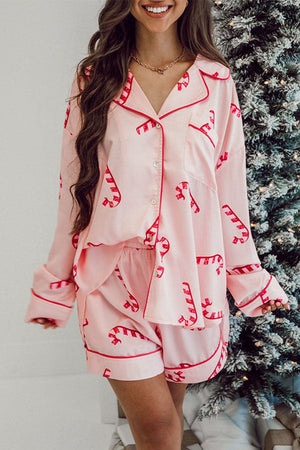 Pink Candy Cane Print Christmas Pajama Set