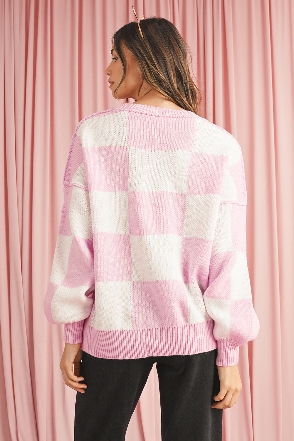 Pink Checked Bishop Sleeve Pullover Sweater