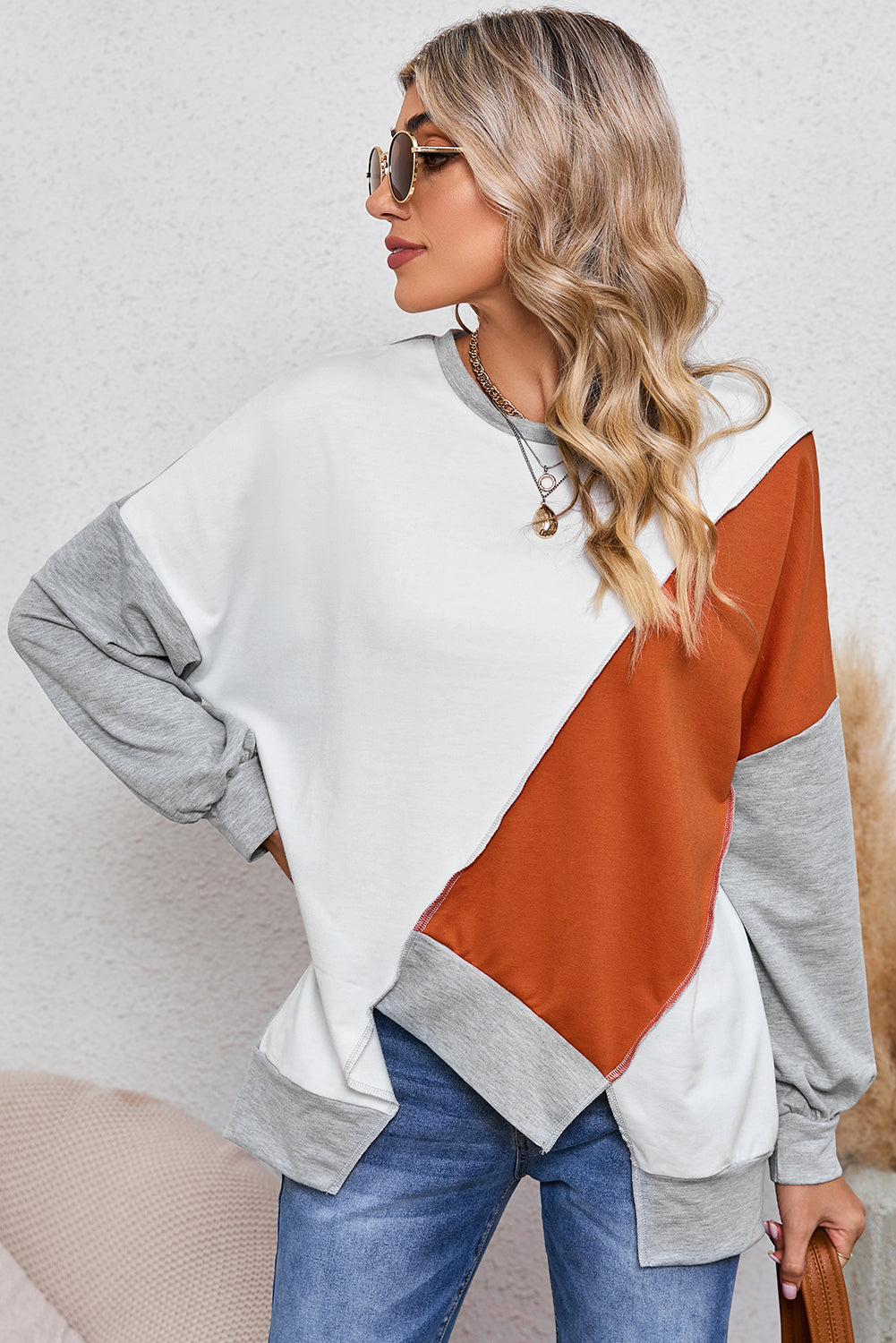 Khaki Colorblock Stitching Irregular Hem Long Sleeve Top