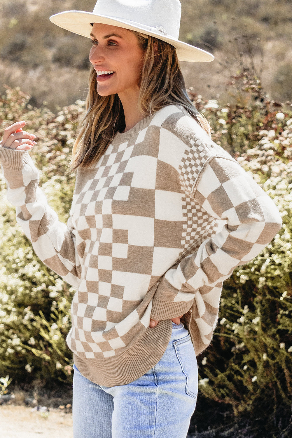 Khaki Checkered Drop Shoulder Round Neck Sweater